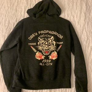 Dark gray Obey hoodie with embroidered rose